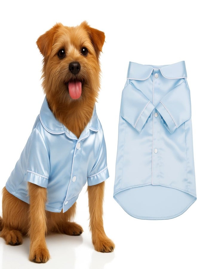 Cosblank Pet Silk Pajamas Shirts Dogs Satin Pjs Soft Faux Silk Lapel Two-Legged Puppy Sleepwear for Small Dogs Bridal Party(M,Blue) - Image 1